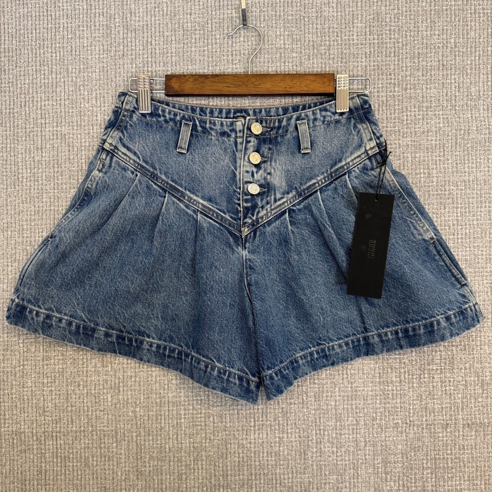 Edwin Jenni Skort Sz 26 Denim High Waist Pleated Shorts Blue Cowgirl Country